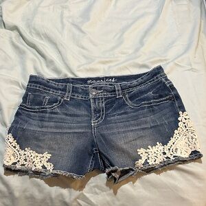 Maurices Dark Blue Denim Shorts with Cream Crochet Trim
